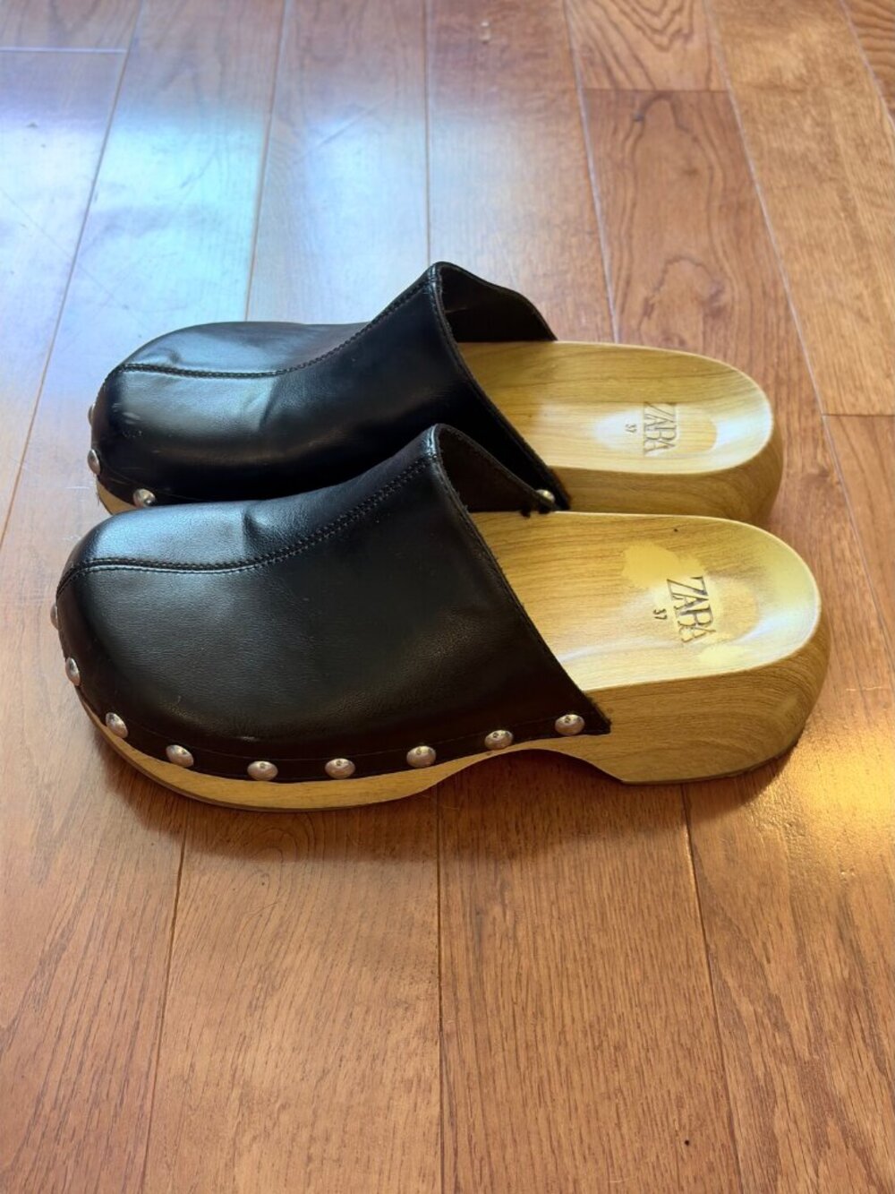 Zara Black Studded Clogs Wooden Sole Size 37